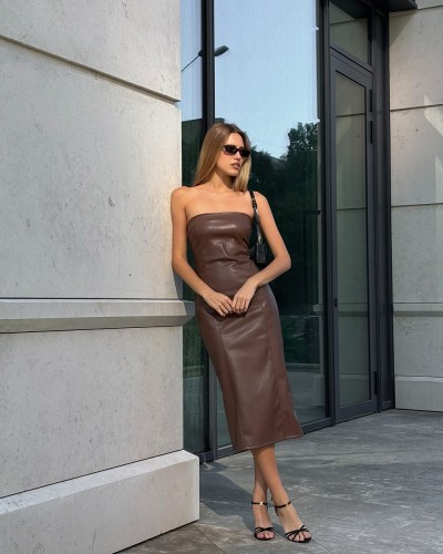 Strapless PU leather split skirt