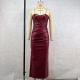 PU strapless strap pleated slit dress
