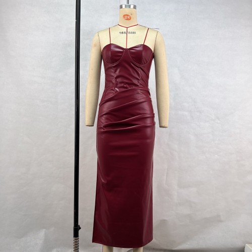 PU strapless strap pleated slit dress