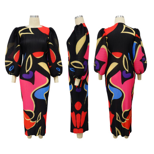 Lantern sleeve pleated dress