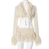 Knitted lace up cardigan long sleeved top short skirt set