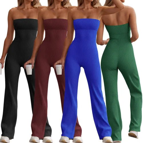 Shoulder baring elastic wrapped chest jumpsuit pants