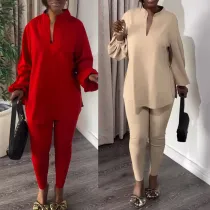 V-neck lantern sleeve hem slit shirt long pants two-piece set