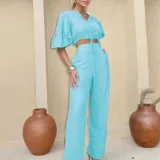 V-neck flared sleeve lace up top, wide leg pants set