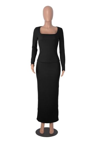 Square collar waist bag buttocks long skirt two-piece set