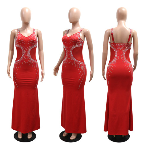 V-neck long dress with suspender straps and rhinestone wrapped buttocks dress