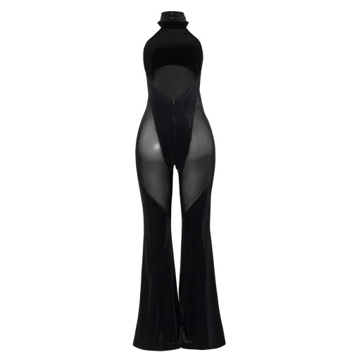 Hanging neck patchwork solid color sleeveless mesh patchwork jumpsuit