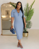 Washed denim patchwork pocket solid color dress