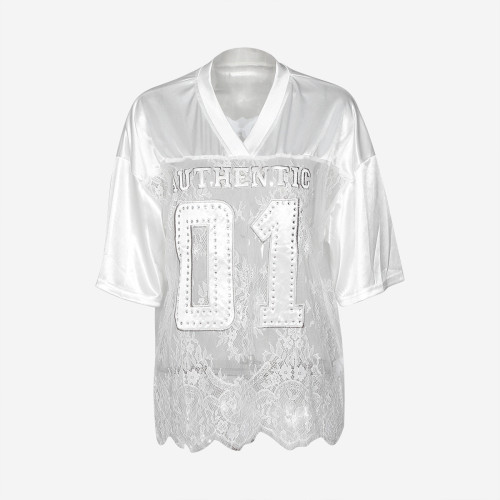 Printed loose perspective lace patchwork T-shirt short sleeved top