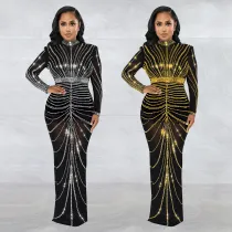 Women's long sleeved back slit hot stamping dress
