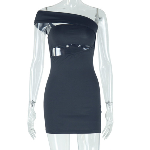 Slanted collar off shoulder sleeveless hip hugging short skirt dress