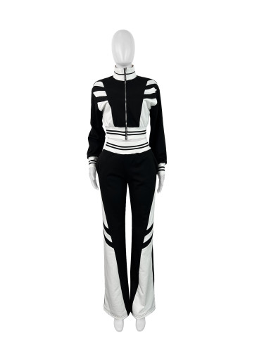 Double layer threaded splicing contrasting color wide leg micro flared pants two-piece set