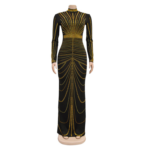 Women's long sleeved back slit hot stamping dress