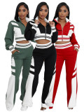Double layer threaded splicing contrasting color wide leg micro flared pants two-piece set