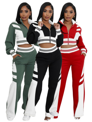 Double layer threaded splicing contrasting color wide leg micro flared pants two-piece set