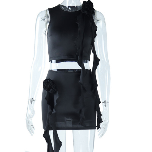 Round neck solid color crop top mini skirt two-piece set