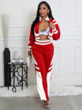 Double layer threaded splicing contrasting color wide leg micro flared pants two-piece set