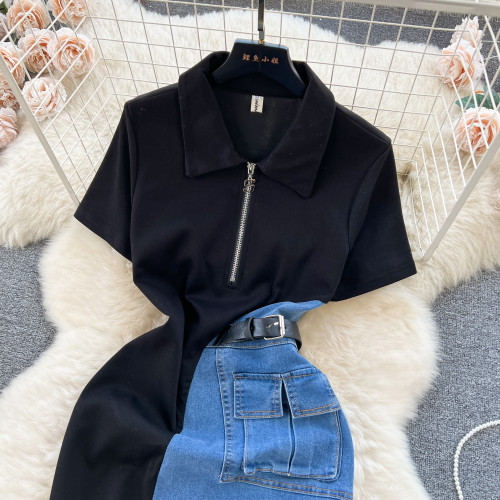 Contrast splicing mid length short sleeved denim skirt