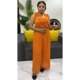 Solid color neck strap top+pants two-piece set
