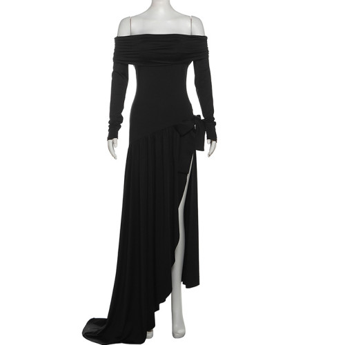 One shoulder hollow solid color bow long sleeved slit dress