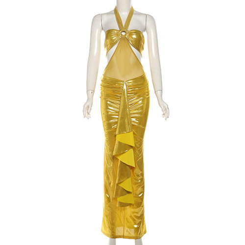 Drawn pleated bright face hanging neck jumpsuit short skirt set