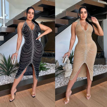 Rhinestone hanging neck perspective split hip dress