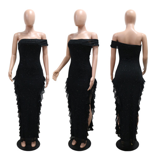 Split dress, one shoulder long skirt, dress