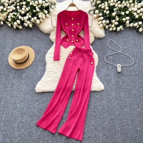 Metal buckle round neck long sleeved knitted sweater high waisted pants two-piece set