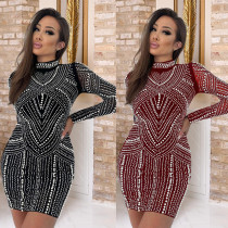 Long sleeved dress, fashionable rhinestone sparkling bead wrapped hip dress