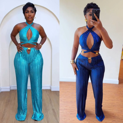 Fold strap hanging neck, exposed back hollow two-piece set