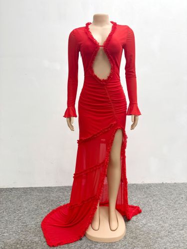 Hollow out slim fit fish tail floor mop dress