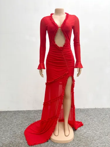 Hollow out slim fit fish tail floor mop dress