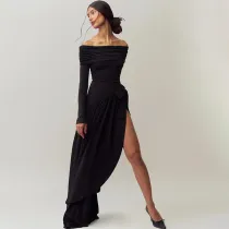 One shoulder hollow solid color bow long sleeved slit dress