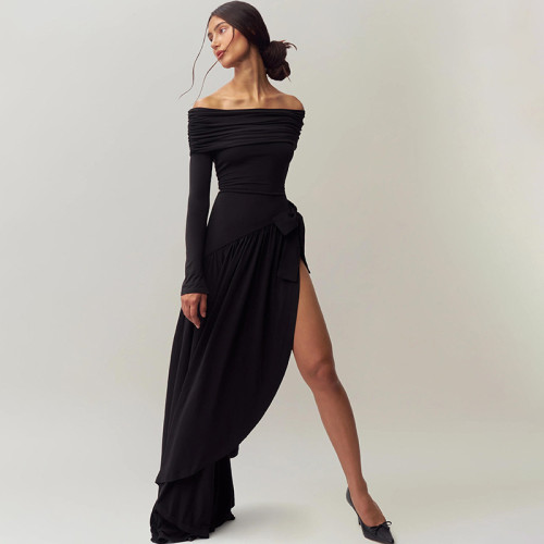 One shoulder hollow solid color bow long sleeved slit dress