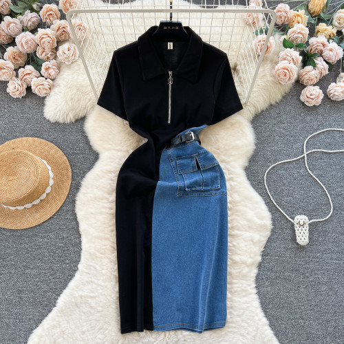 Contrast splicing mid length short sleeved denim skirt