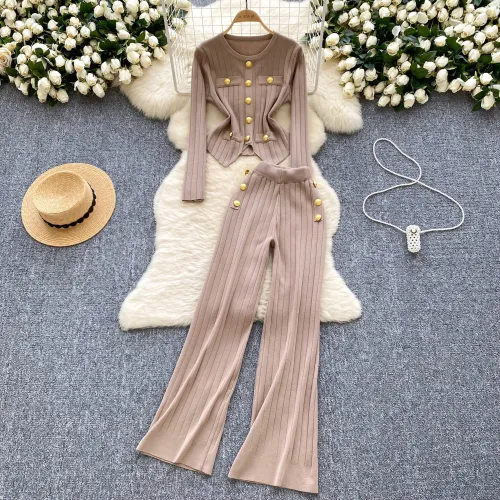 Metal buckle round neck long sleeved knitted sweater high waisted pants two-piece set