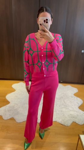 Knitted cardigan with sleeve print and wide leg pants sweater set