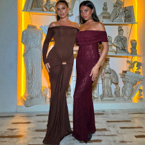 One shoulder solid color long sleeved hip hugging dress