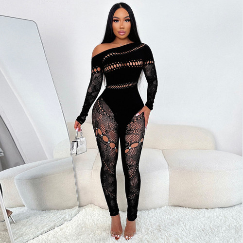 Solid color slanted collar high-density lace patchwork nail drill long sleeved jumpsuit