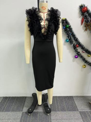 V-neck mesh spliced black fungus edge wrapped elastic dress for buttocks
