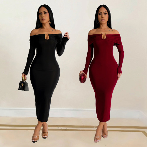 Solid color long skirt with buttocks wrapped dress