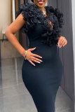 V-neck mesh spliced black fungus edge wrapped elastic dress for buttocks