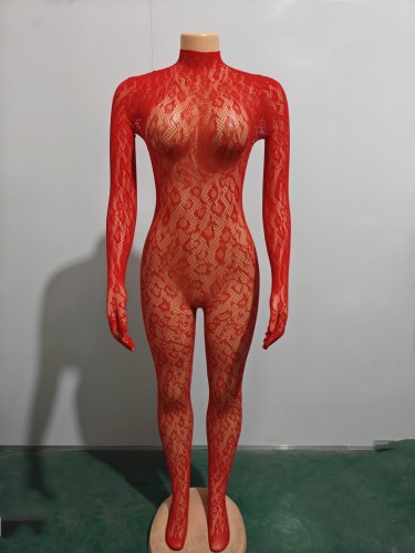 Hollow leopard print mesh pajamas lace sexy lingerie jumpsuit
