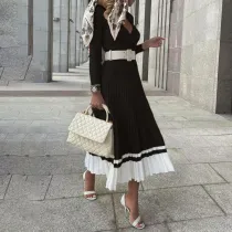 Cross V-neck knitted dress, medium length pleated skirt