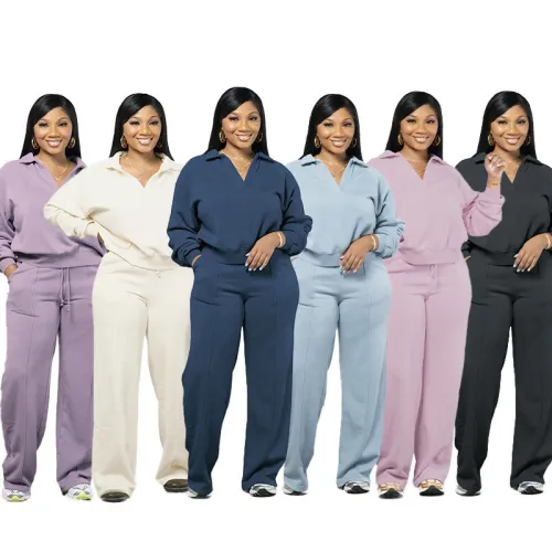 Solid color V-neck pullover long sleeved sweatshirt set