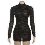 Half transparent hollow out half high neck long sleeved short skirt with wrapped buttocks