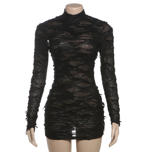 Half transparent hollow out half high neck long sleeved short skirt with wrapped buttocks