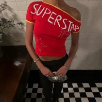 Slanted shoulder exposed navel hot T-shirt short sleeved