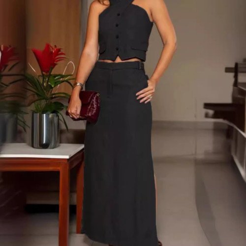 Hanging neck sleeveless vest top, high waist split two-piece skirt set