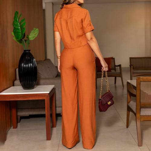 Two piece set of shirt collar short top paired with straight leg wide leg pants